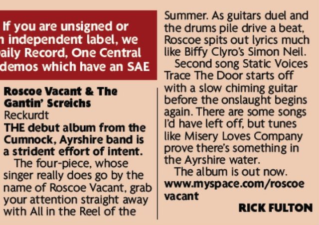 Daily Record Review of Roscoe Vacant & the Gantin' Screichs "Reckurdt" CD